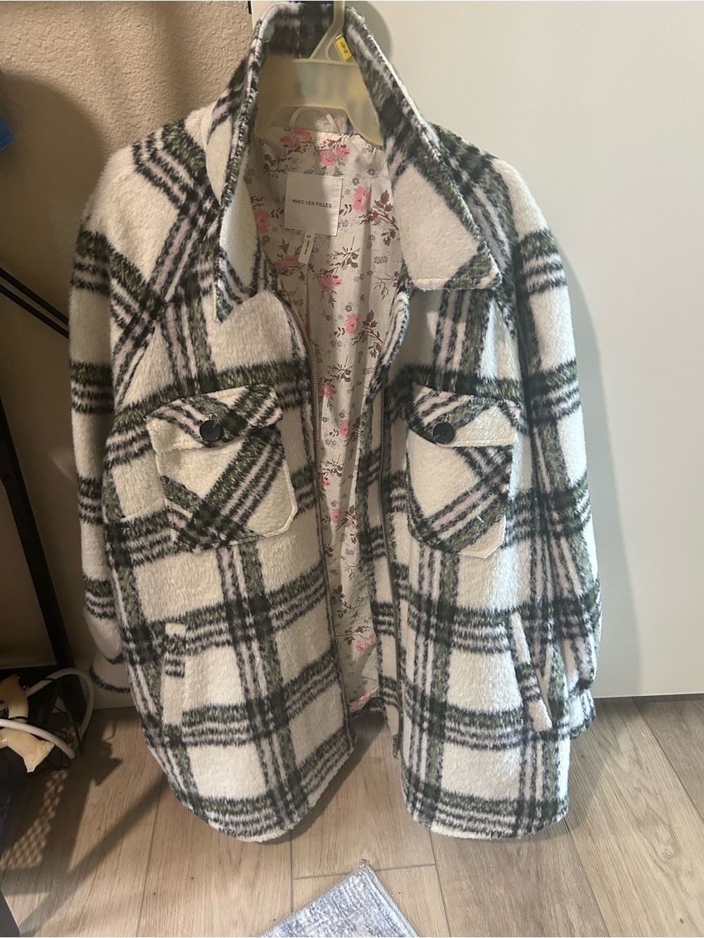 Avec Les Filles Cream Plaid Teddy Jacket with Green Checks